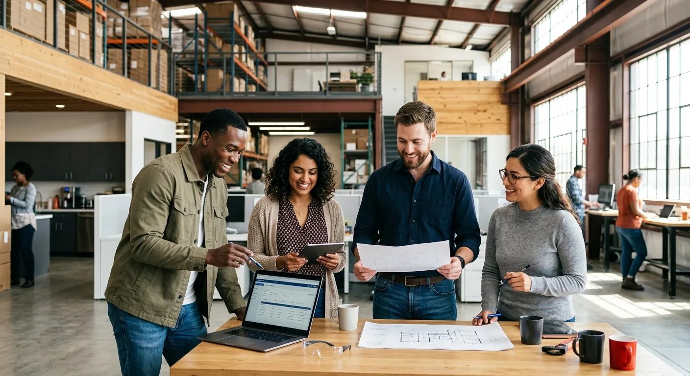 A diverse group of young adults in casual work attire smiling and collaborating in a modern, bright... A diverse group of young adults in casual work attire smiling and collaborating in a modern, bright warehouse or office environment, symbolizing opportunity and entry-level work.