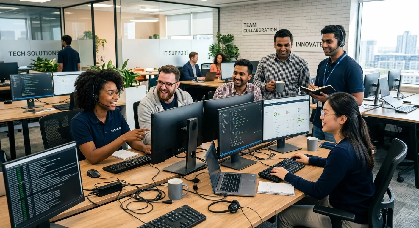 A modern, diverse team of IT support professionals in a bright, collaborative office environment, sm... A modern, diverse team of IT support professionals in a bright, collaborative office environment, smiling and working on multiple monitors. Professional and energetic mood.