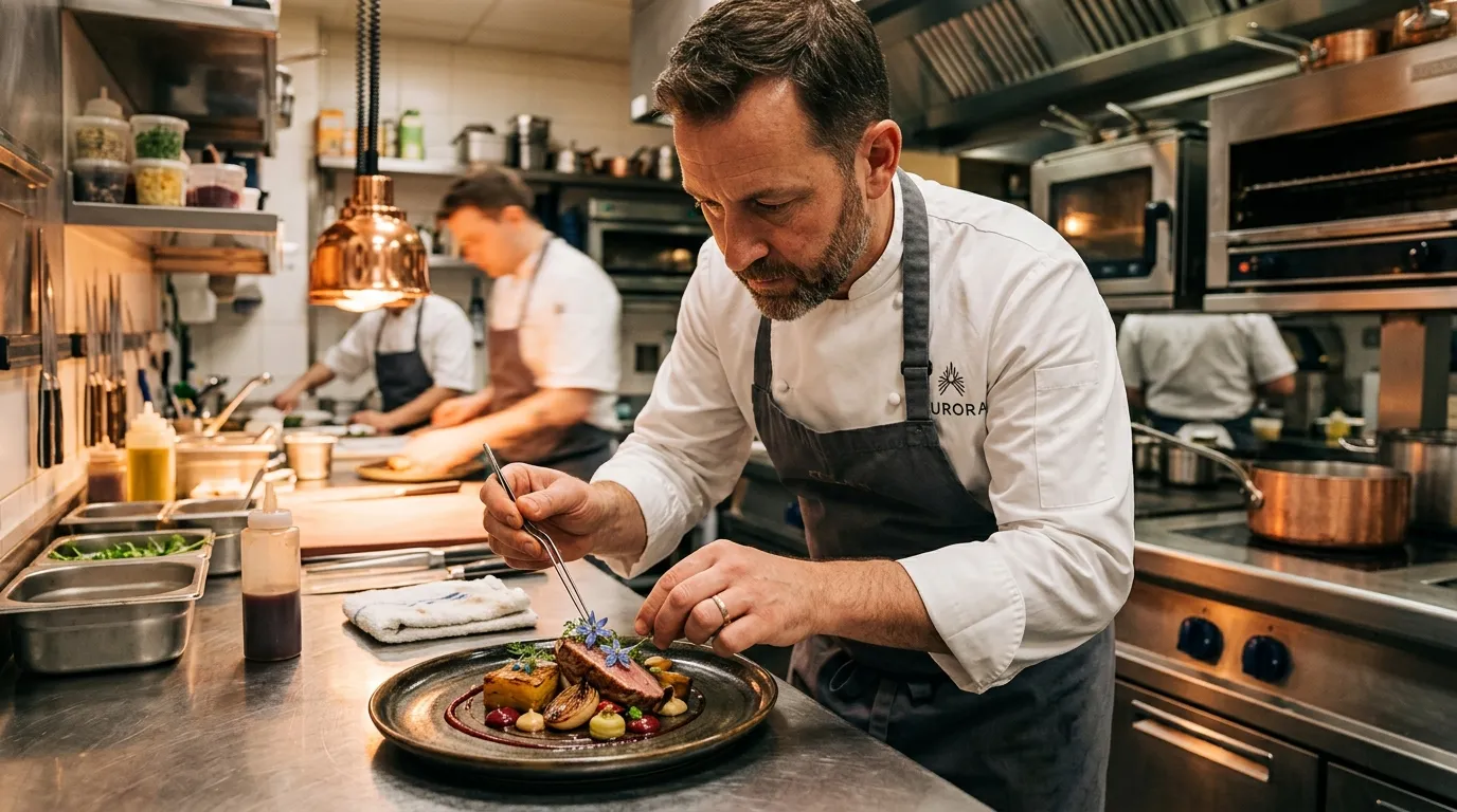 A professional head chef in a pristine kitchen, carefully plating a gourmet dish. The mood is dynamic, focused, and high-end, with warm lighting highlighting the skill and precision.