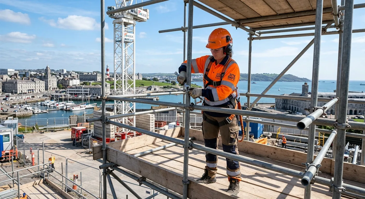A professional construction scaffolder in full PPE, safely assembling a sturdy scaffold structure on... A professional construction scaffolder in full PPE, safely assembling a sturdy scaffold structure on a sunny day at a Plymouth building site. The image should convey safety, skill, and action, with the cityscape or harbour subtly visible in the background.