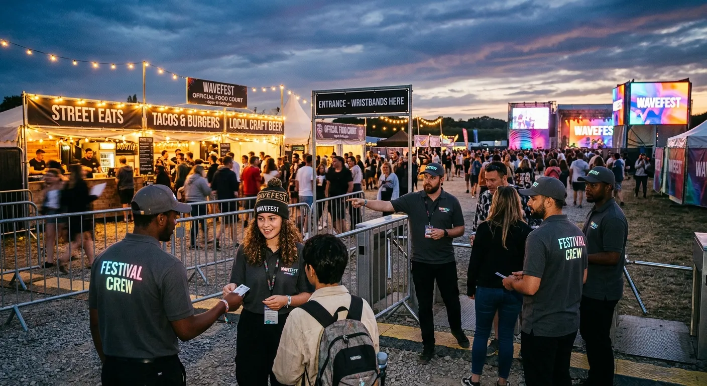 A dynamic, high-energy festival scene at dusk, showing a diverse team of staff in branded uniforms m... A dynamic, high-energy festival scene at dusk, showing a diverse team of staff in branded uniforms managing a bustling crowd at a food stall and entrance gate. The mood is vibrant, professional, and organised.