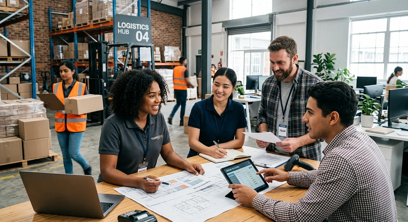 A dynamic, professional hero image showing a diverse group of temporary staff collaborating in a modern office/warehouse hybrid environment. Focus on energy, teamwork, and productivity. Style: professional business photography with a slightly desaturated, modern tone.