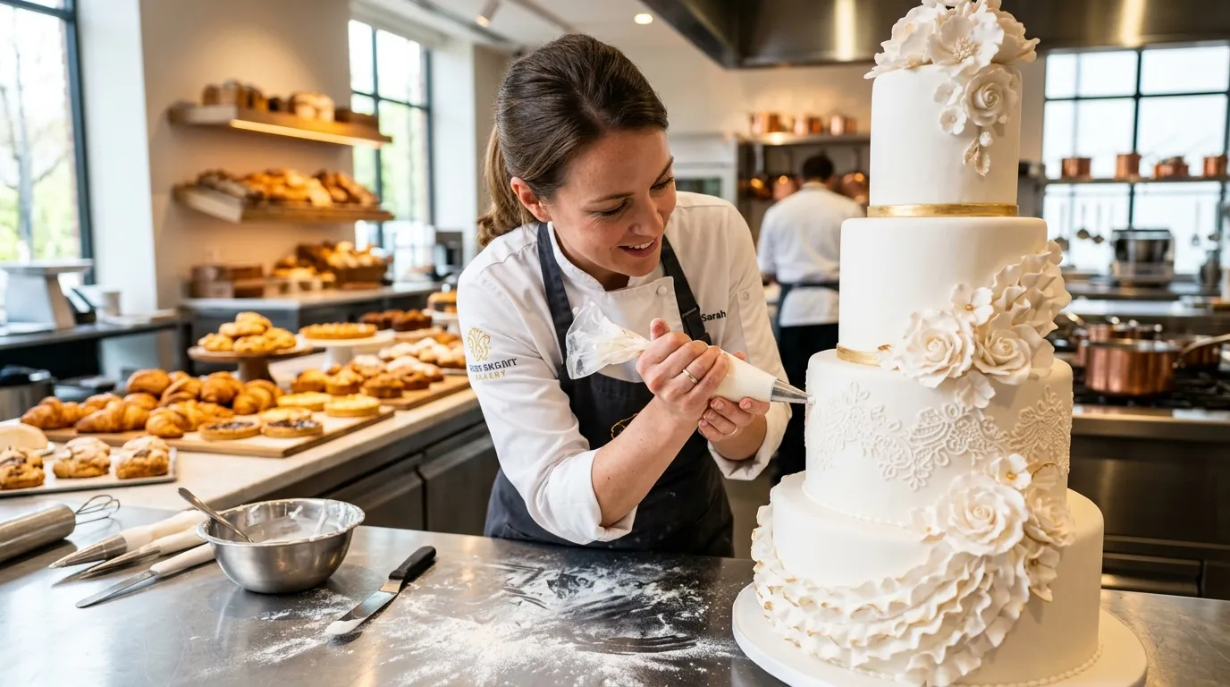 A dynamic, high-contrast hero image of a skilled pastry chef meticulously decorating a multi-tiered... A dynamic, high-contrast hero image of a skilled pastry chef meticulously decorating a multi-tiered wedding cake in a pristine, modern bakery kitchen. Focus on the chef's hands, with flour-dusted surfaces and golden pastries in the background. Mood is professional, vibrant, and aspirational.