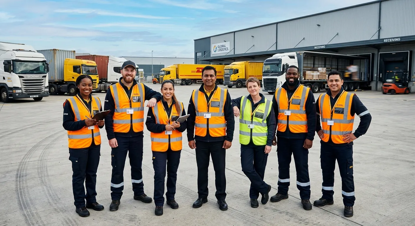 A professional, dynamic hero image showing a diverse group of qualified drivers and warehouse staff... A professional, dynamic hero image showing a diverse group of qualified drivers and warehouse staff in high-visibility vests, standing confidently in front of a modern logistics yard with trucks. Style: Authentic, professional, and action-oriented. Mood: Trustworthy, efficient, and ready for work.