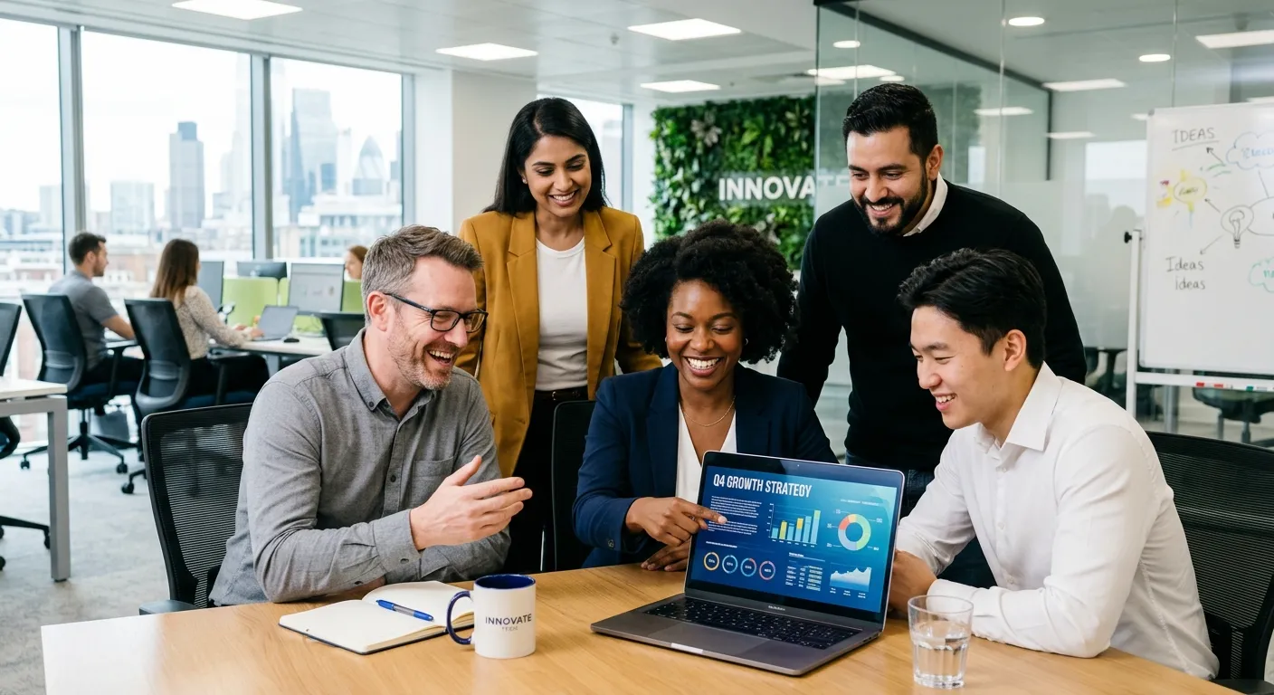 A professional, diverse team of employees collaborating in a modern office environment, smiling and... A professional, diverse team of employees collaborating in a modern office environment, smiling and looking at a laptop screen. Style: Bright, authentic, and corporate. Mood: Successful, collaborative, and forward-thinking.
