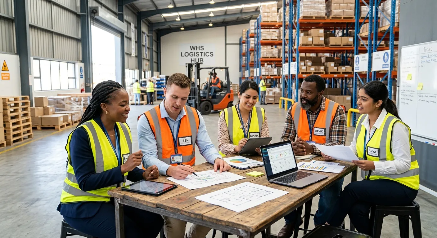 A dynamic, professional photo of a diverse group of temporary workers in high-visibility vests and business casual attire, collaborating in a modern warehouse-office hybrid space. Style: Bright, optimistic, and focused. Mood: Energetic and productive.