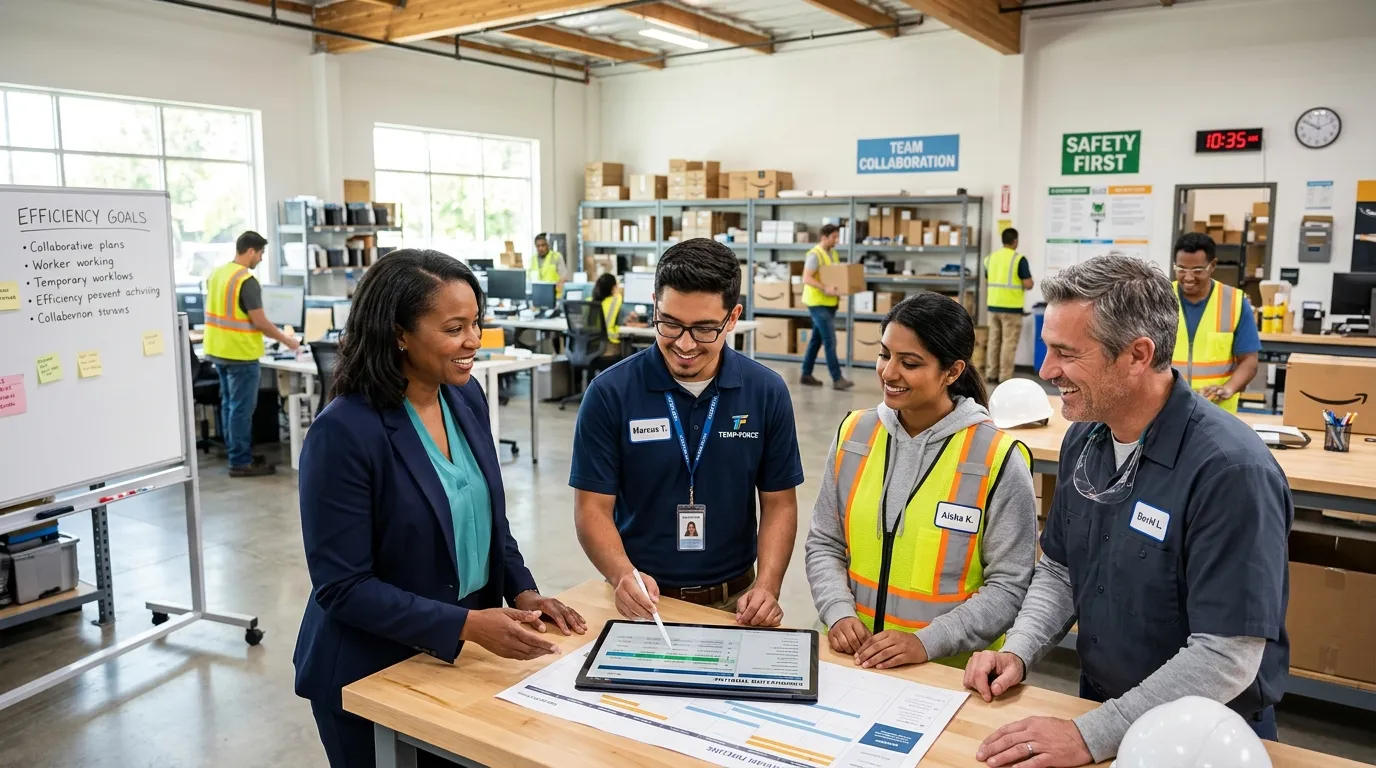 A dynamic, professional hero image showing a diverse group of temporary workers and a hiring manager... A dynamic, professional hero image showing a diverse group of temporary workers and a hiring manager collaborating in a modern, bright office or warehouse setting. The mood is energetic, efficient, and solution-oriented.