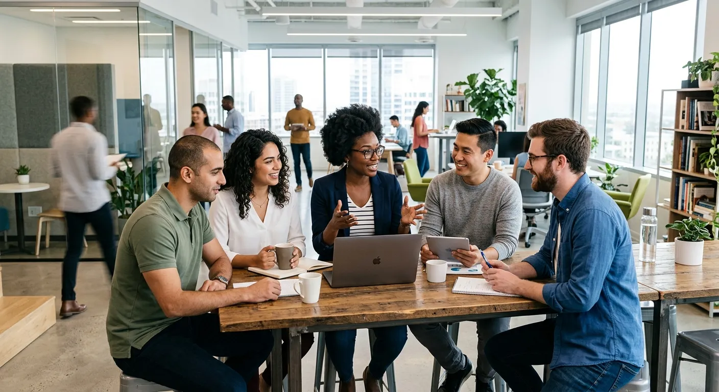 A diverse group of modern professionals collaborating in a bright, open-plan office. Style: High-qua... A diverse group of modern professionals collaborating in a bright, open-plan office. Style: High-quality, authentic business stock photo. Mood: Dynamic, professional, and agile.