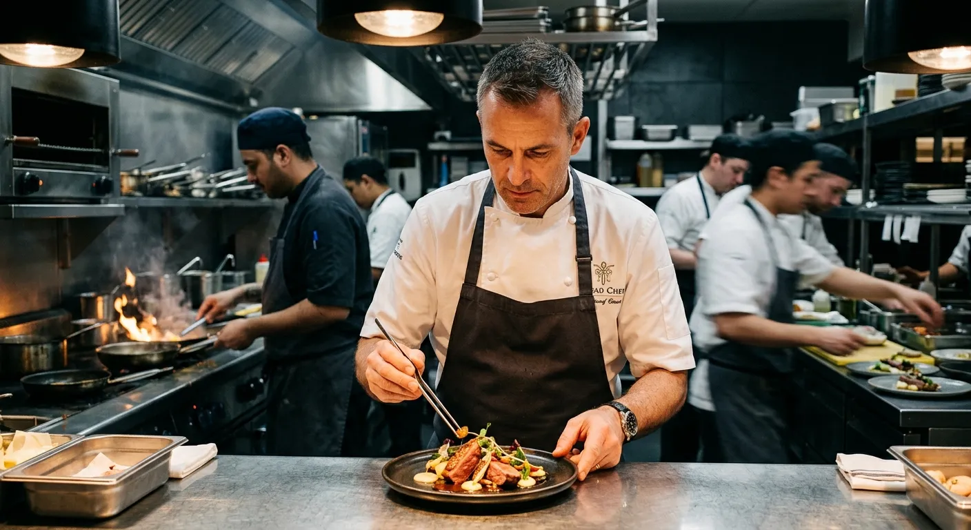 A dynamic, professional kitchen scene. A Head Chef in crisp whites is plating an exquisite dish, surrounded by a bustling, modern kitchen team. Focus on leadership, precision, and high-energy atmosphere. Moody lighting with highlights on the food and chef's focused expression.
