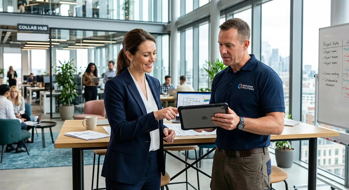 A professional, high-energy scene in a modern office with a business manager and a contractor reviewing plans on a tablet, symbolizing collaboration and hiring. Style: Corporate, vibrant, realistic. Mood: Confident, productive, and forward-thinking.