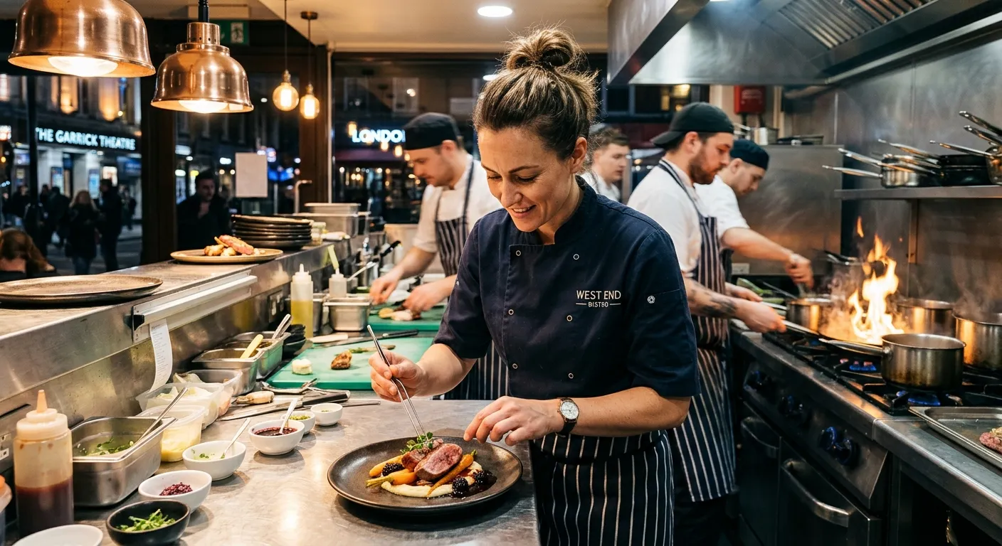 A professional chef confidently plating a dish in a modern, bustling West End London kitchen, showca... A professional chef confidently plating a dish in a modern, bustling West End London kitchen, showcasing skill and a fast-paced environment.