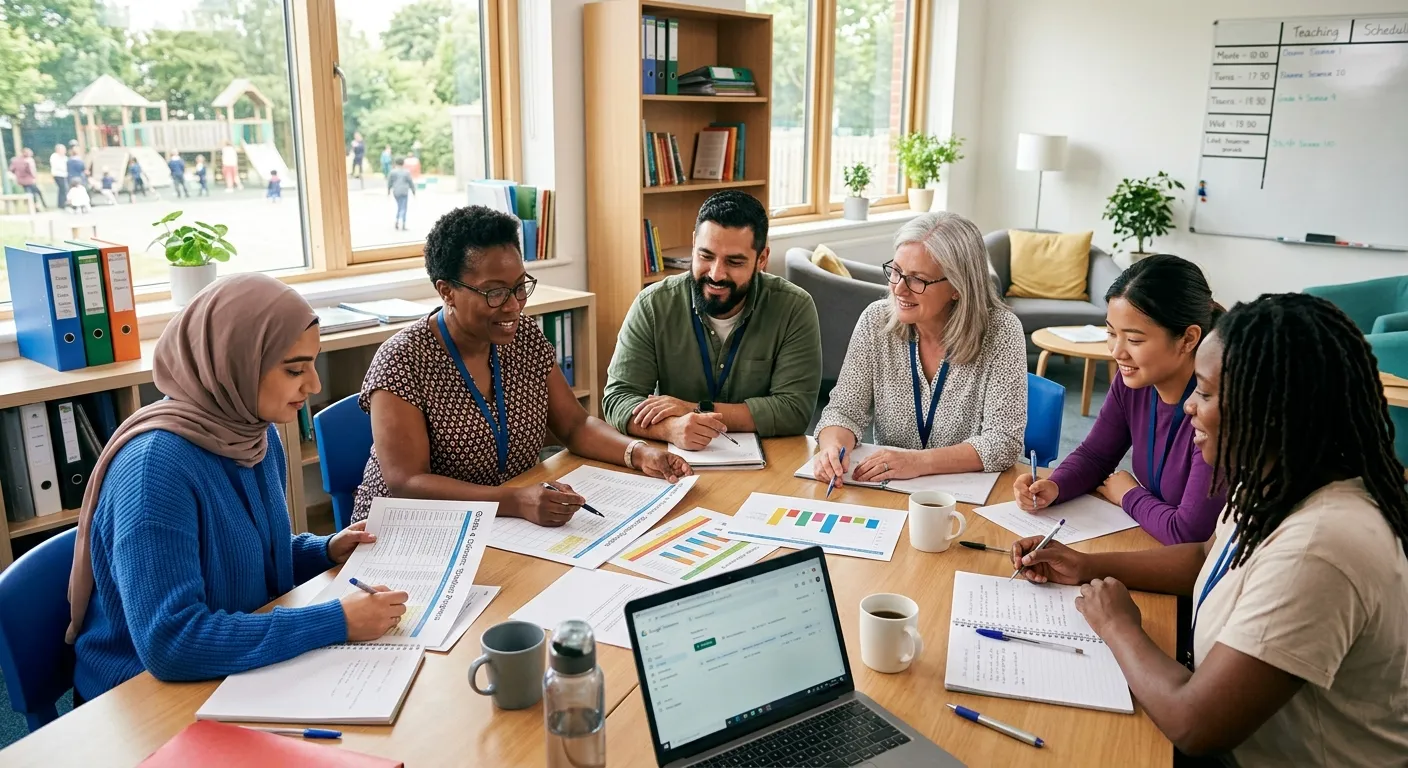 A diverse group of Teaching Assistants and a teacher collaborating in a bright, modern school staff room, looking over lesson plans and student progress charts
