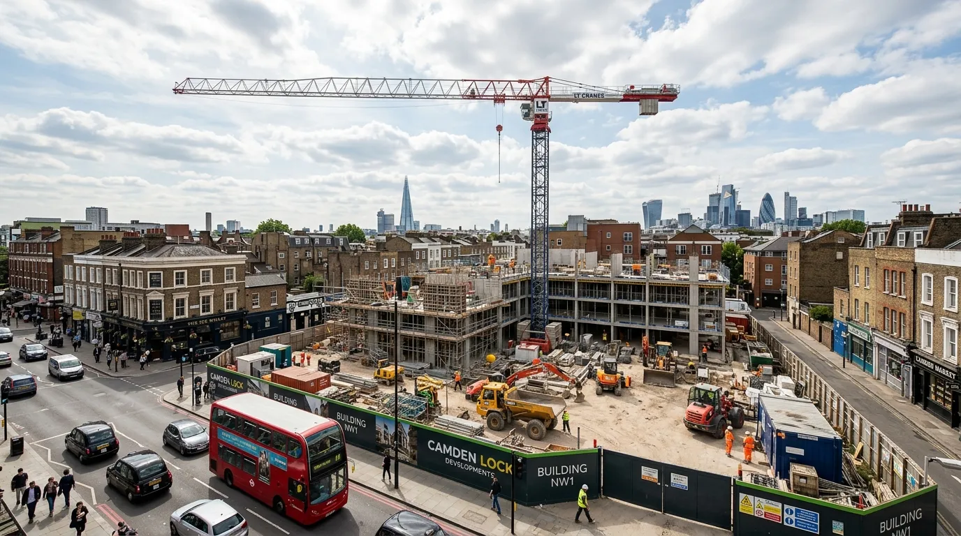 A wide-angle photo of a busy London NW1 construction site, showing a tower crane against the skyline, with the surrounding urban environment of Camden visible.