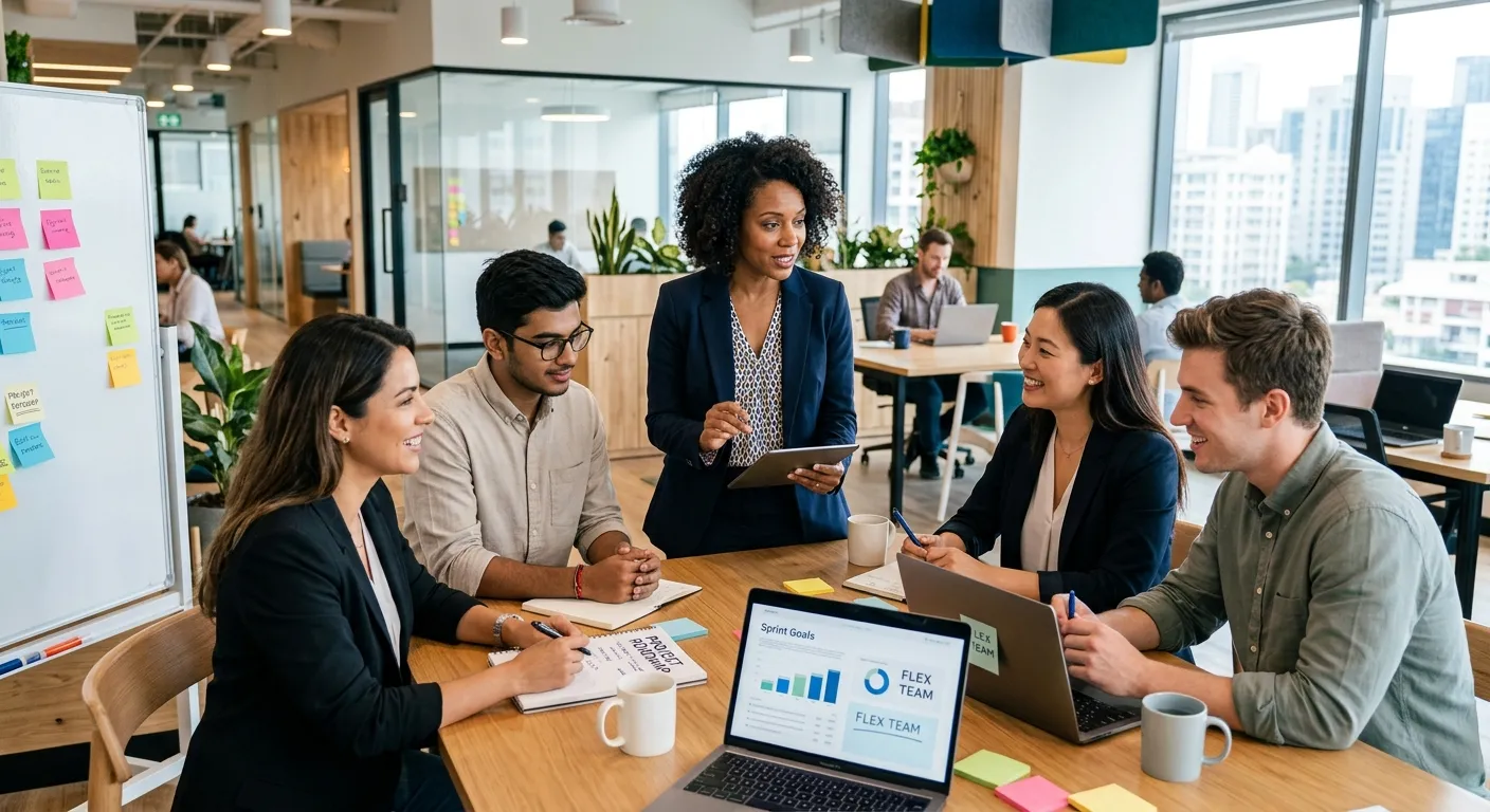 A diverse group of professional temporary workers in a modern office setting, collaborating with a m... A diverse group of professional temporary workers in a modern office setting, collaborating with a manager. Style is bright, professional, and dynamic, conveying flexibility and partnership.