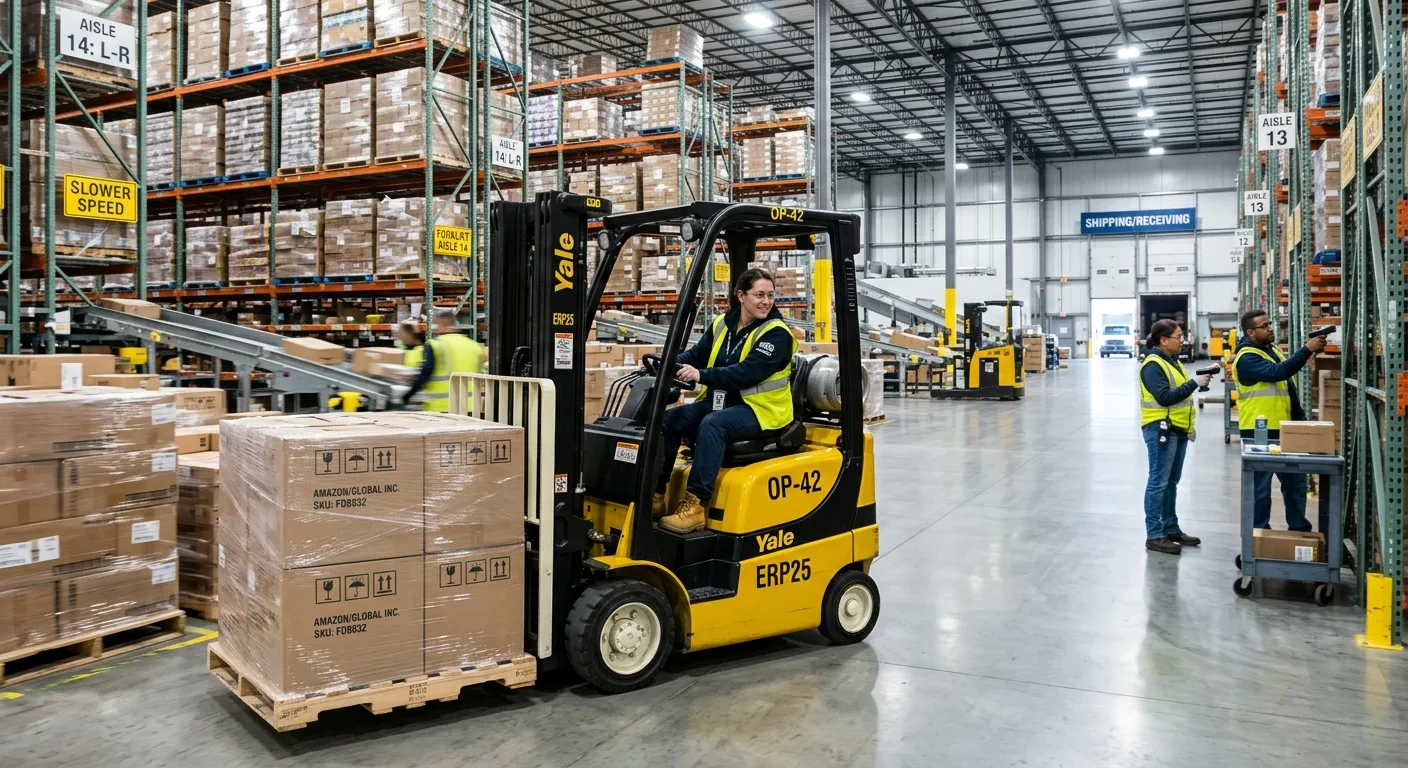 A dynamic, high-energy photograph of a modern, busy distribution centre warehouse. In the foreground, a certified forklift operator skillfully maneuvers a pallet in a well-lit aisle. In the background, other team members scan inventory. The mood is professional, efficient, and industrious.