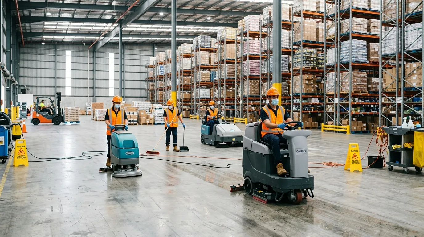 A wide-angle, professional shot of a team of industrial cleaning staff in high-visibility vests and... A wide-angle, professional shot of a team of industrial cleaning staff in high-visibility vests and safety gear, efficiently cleaning a large, well-lit warehouse floor. Focus on action, professionalism, and the scale of the industrial environment.