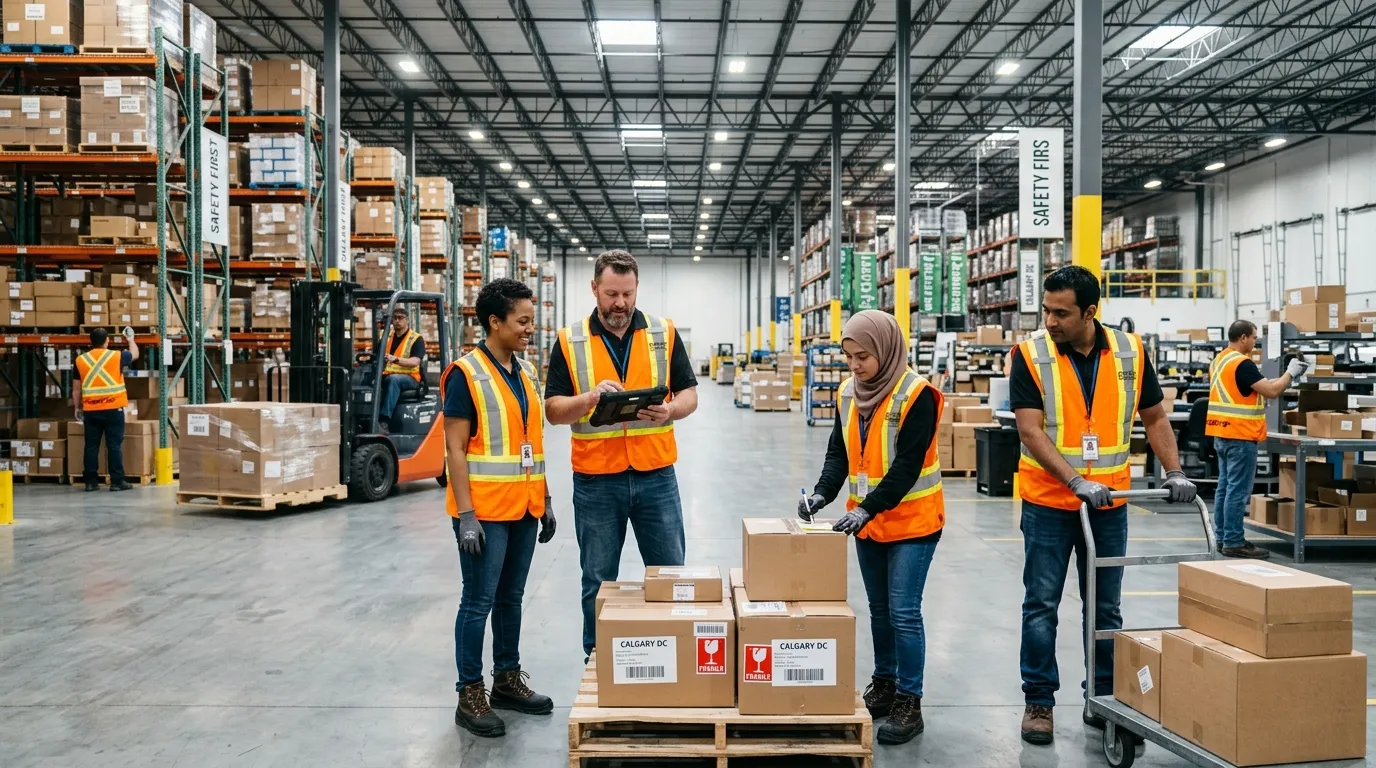 A dynamic, professional hero image showing a diverse team of warehouse associates in high-visibility vests collaborating in a modern, well-organized distribution centre in Calgary. The scene should convey efficiency, teamwork, and scale, with shelves and forklifts in the background.