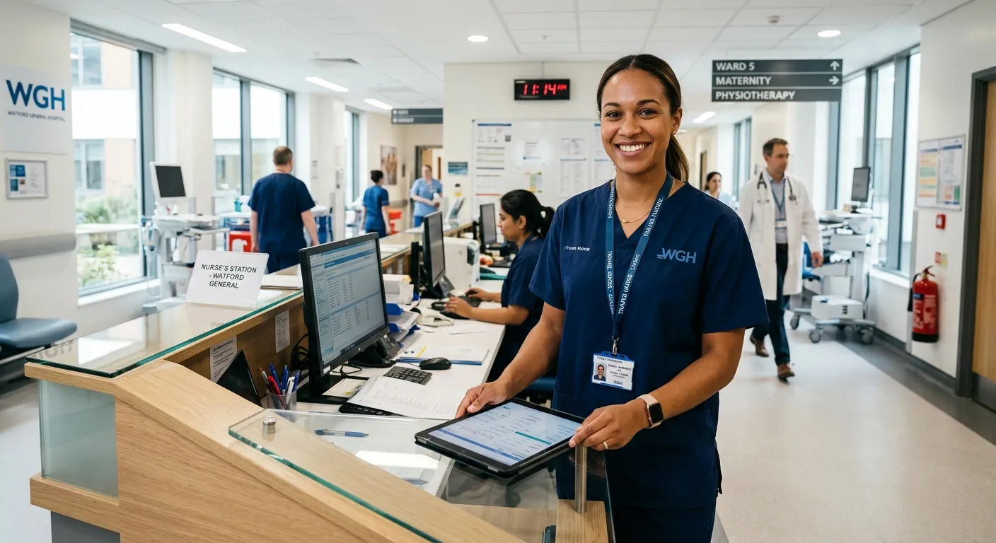 A confident, smiling travel nurse in scrubs, holding a tablet, standing at a nurse's station in a mo... A confident, smiling travel nurse in scrubs, holding a tablet, standing at a nurse's station in a modern, bright hospital corridor in Watford.