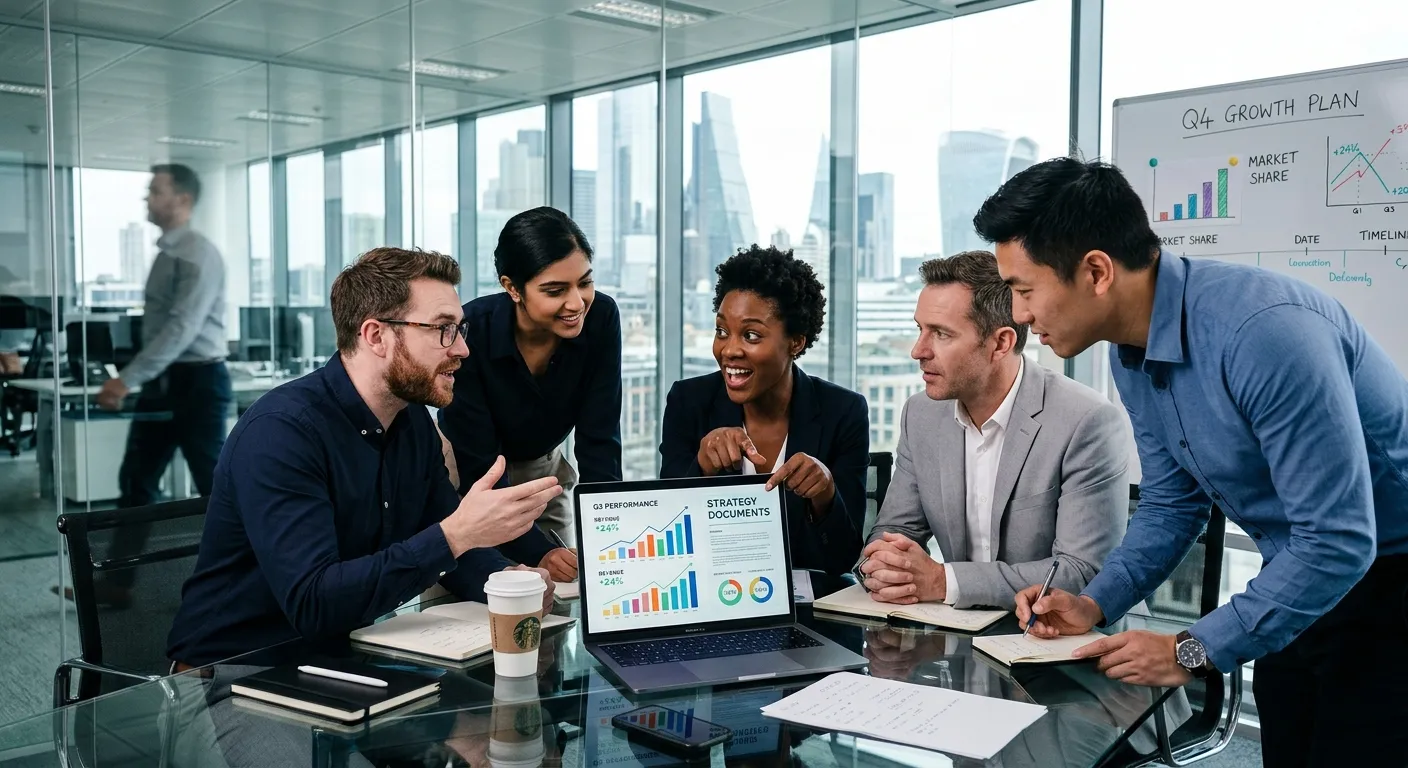 A professional, high-energy business meeting in a modern glass office. A diverse team of professionals leans over a laptop, discussing growth charts and strategy documents. The mood is collaborative, forward-thinking, and dynamic.