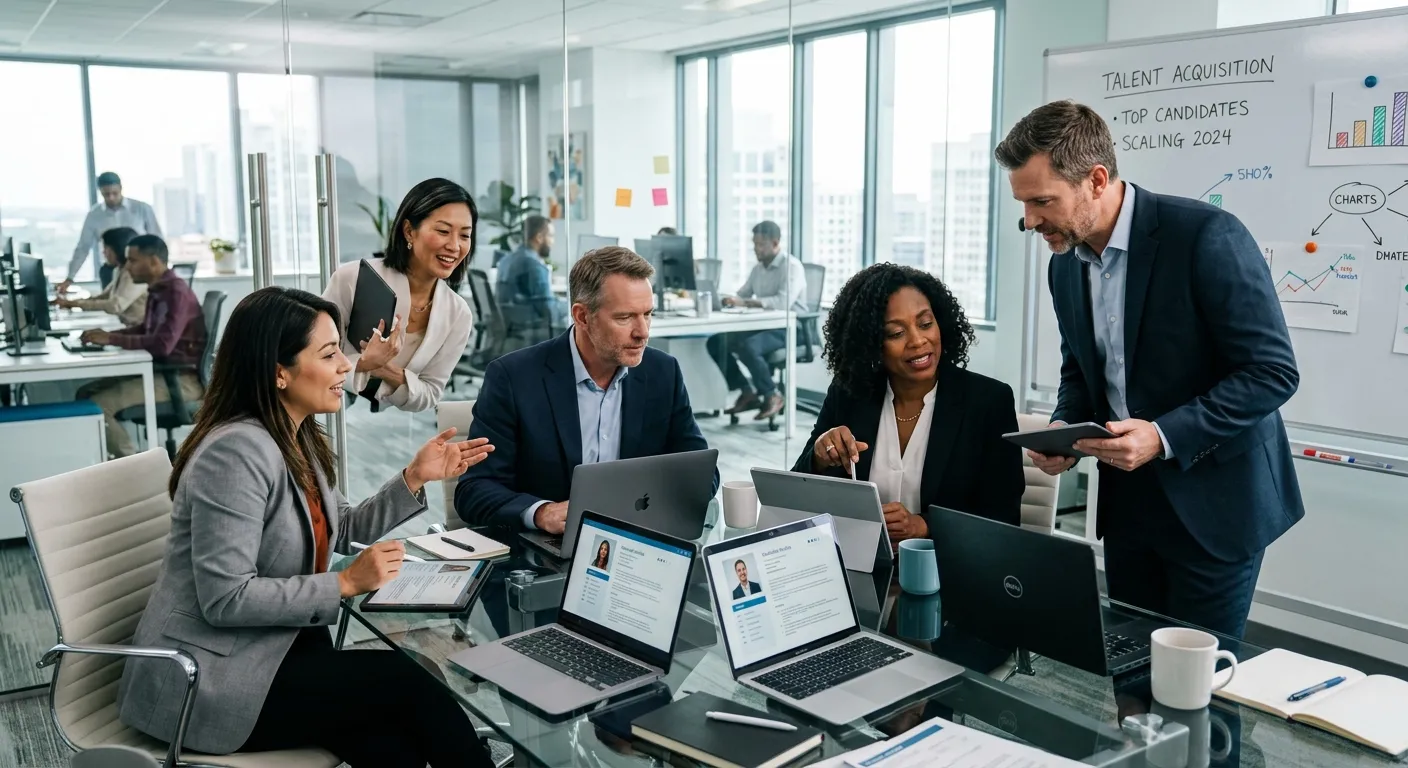 A dynamic, professional scene in a modern office. A diverse group of executives and recruiters are g... A dynamic, professional scene in a modern office. A diverse group of executives and recruiters are gathered around a glass table reviewing candidate profiles on tablets and laptops. The mood is collaborative, strategic, and high-energy, with a focus on precision and success.