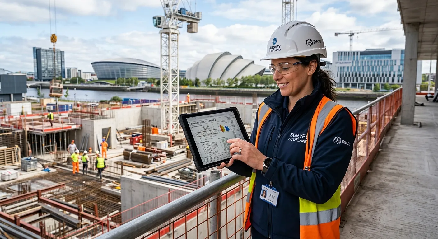 A professional, confident Quantity Surveyor reviewing construction plans on a tablet, standing on a... A professional, confident Quantity Surveyor reviewing construction plans on a tablet, standing on a modern Glasgow city centre construction site with iconic buildings in the background. Style: Professional, aspirational, modern. Mood: Competent, reliable, forward-thinking.
