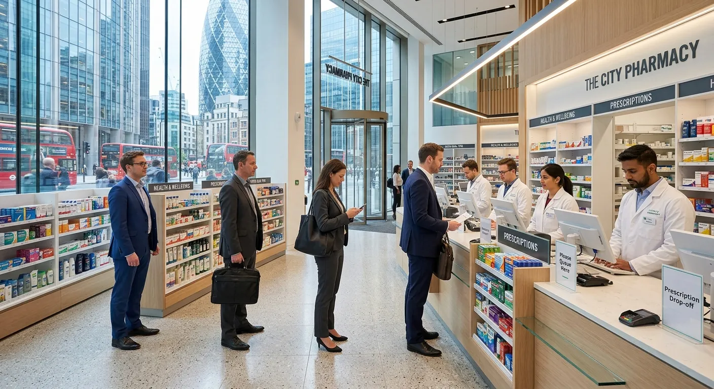 A modern, well-lit pharmacy interior within a City of London office building, with professionals in... A modern, well-lit pharmacy interior within a City of London office building, with professionals in suits waiting efficiently at the counter