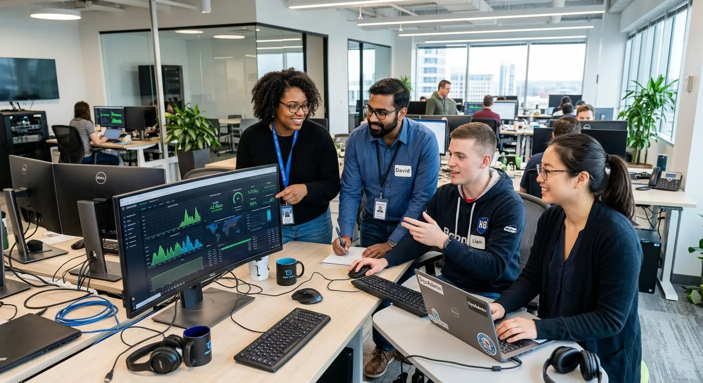 A modern, diverse team of IT help desk professionals collaborating in a bright, tech-oriented office environment, focusing on a large monitor displaying network analytics. Style: professional, high-resolution, optimistic mood.