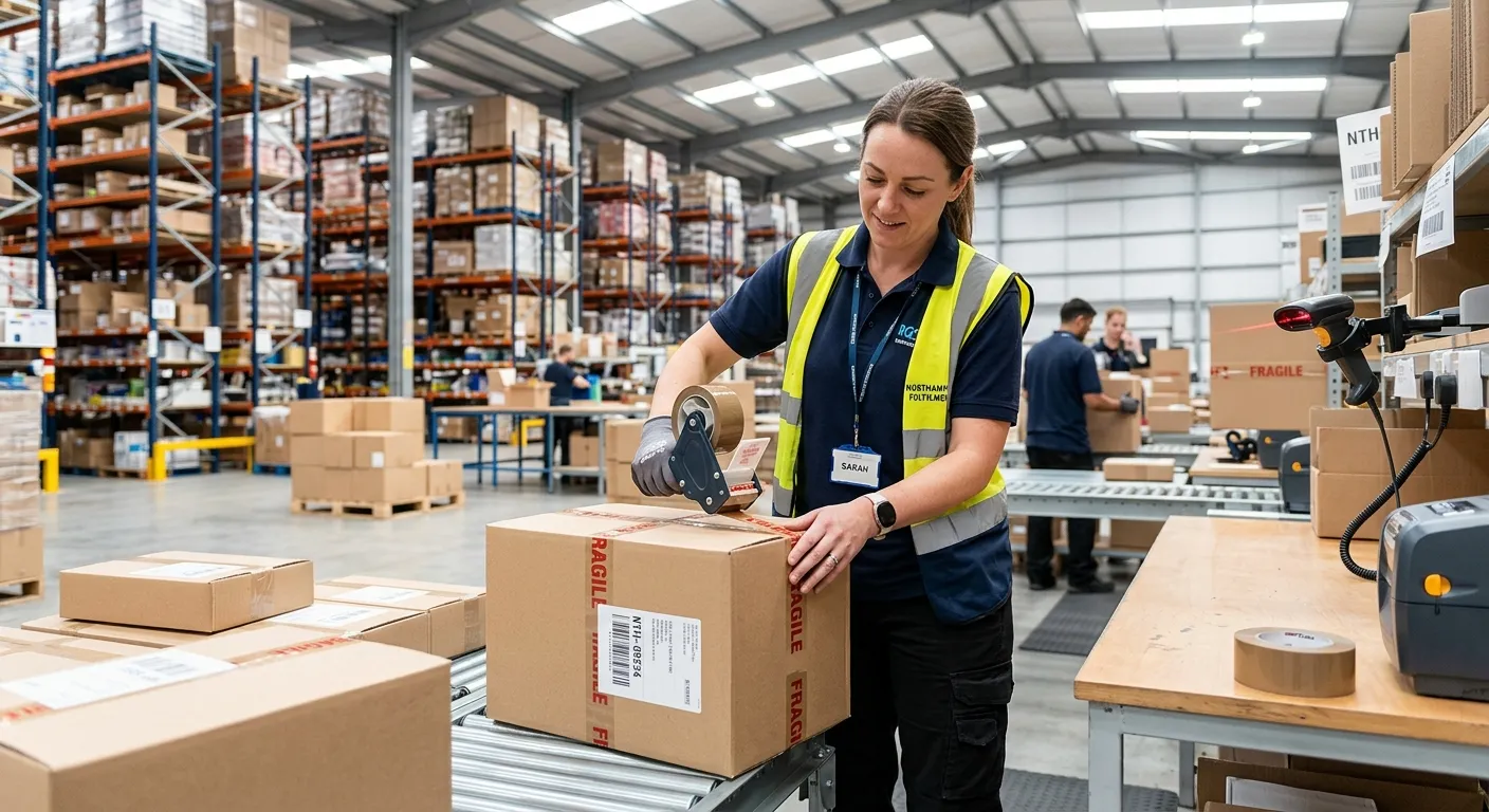 A professional, confident packer in a modern Northampton warehouse, carefully sealing a box with a barcode scanner visible in the background. The image should convey efficiency, focus, and a clean, organised work environment.