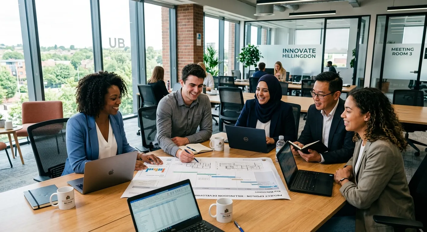 A dynamic, professional photograph of a diverse team of office workers collaborating in a modern, br... A dynamic, professional photograph of a diverse team of office workers collaborating in a modern, bright Hillingdon office, smiling and reviewing a project plan. Style: Authentic, high-energy, professional. Mood: Collaborative, successful, forward-thinking.