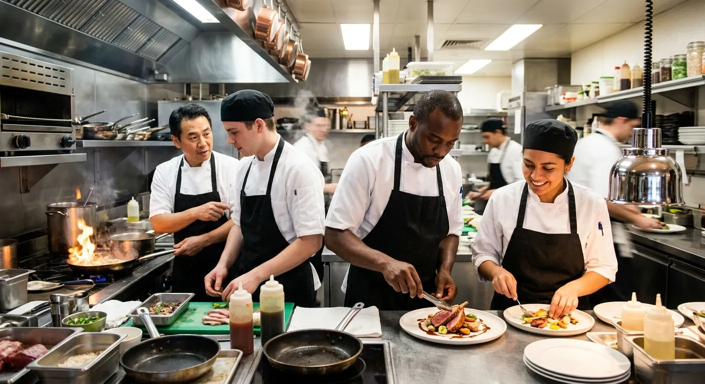 Professional, high-energy kitchen scene with a diverse team of chefs in crisp whites preparing gourm... Professional, high-energy kitchen scene with a diverse team of chefs in crisp whites preparing gourmet dishes in a modern, well-lit restaurant kitchen. Focus on teamwork and skill.