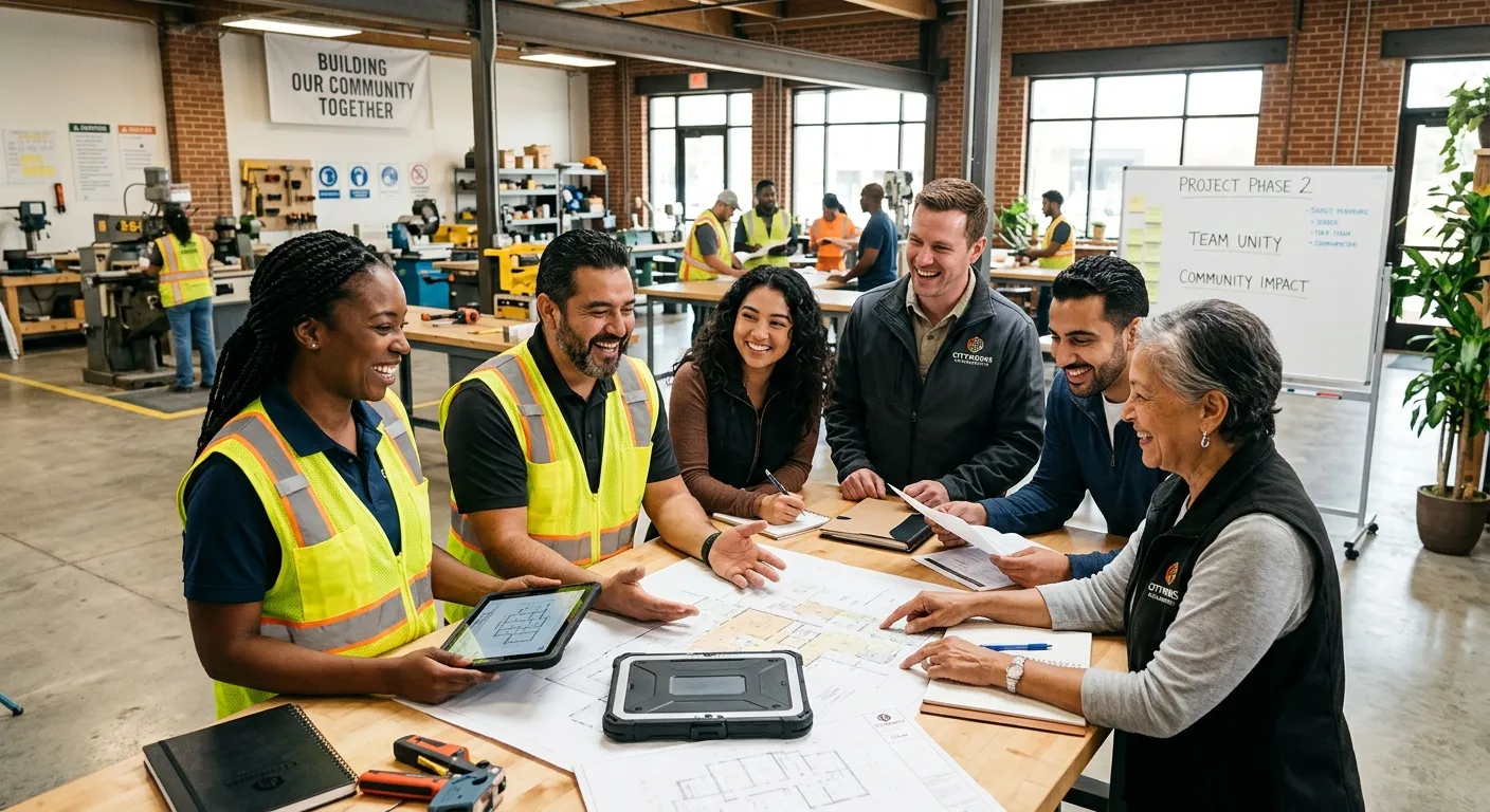 A professional, diverse group of local workers collaborating in a modern office or light industrial... A professional, diverse group of local workers collaborating in a modern office or light industrial setting, smiling and engaged. Style should be bright, authentic, and convey community and partnership.