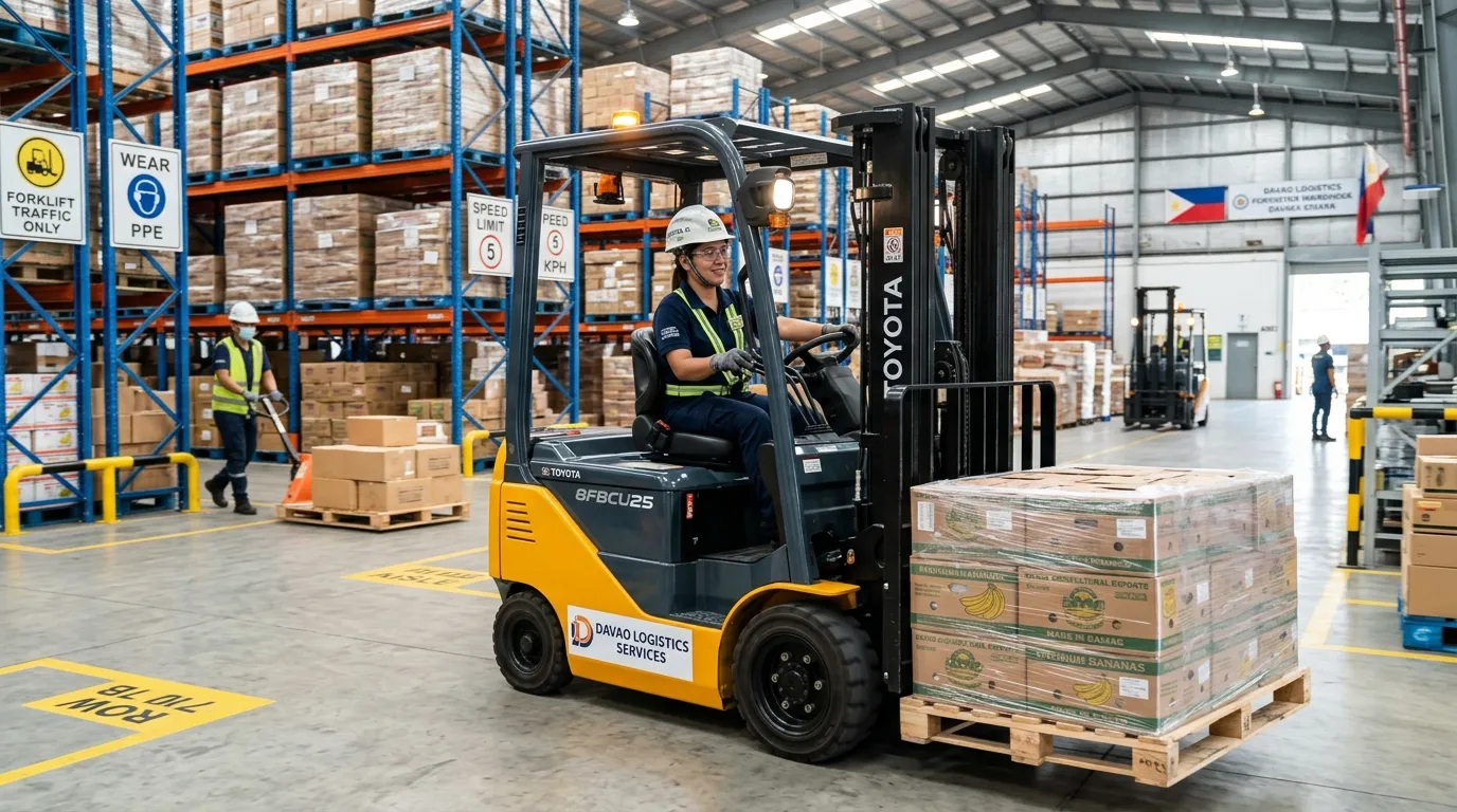 A dynamic, professional hero image showing a certified forklift operator expertly maneuvering a forklift in a modern, well-organized Davao City warehouse. The scene is bright, focused on safety gear, and conveys efficiency and skill.