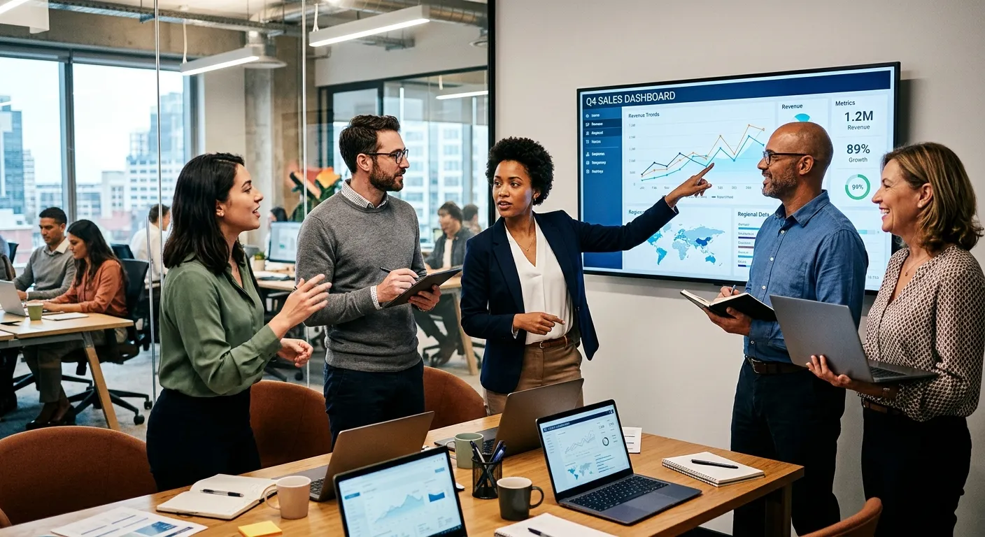 A dynamic, high-contrast photo showing a diverse group of professionals collaborating in a modern of... A dynamic, high-contrast photo showing a diverse group of professionals collaborating in a modern office environment. One is pointing to a data dashboard on a screen, others are discussing. Style: Corporate, energetic, forward-thinking.