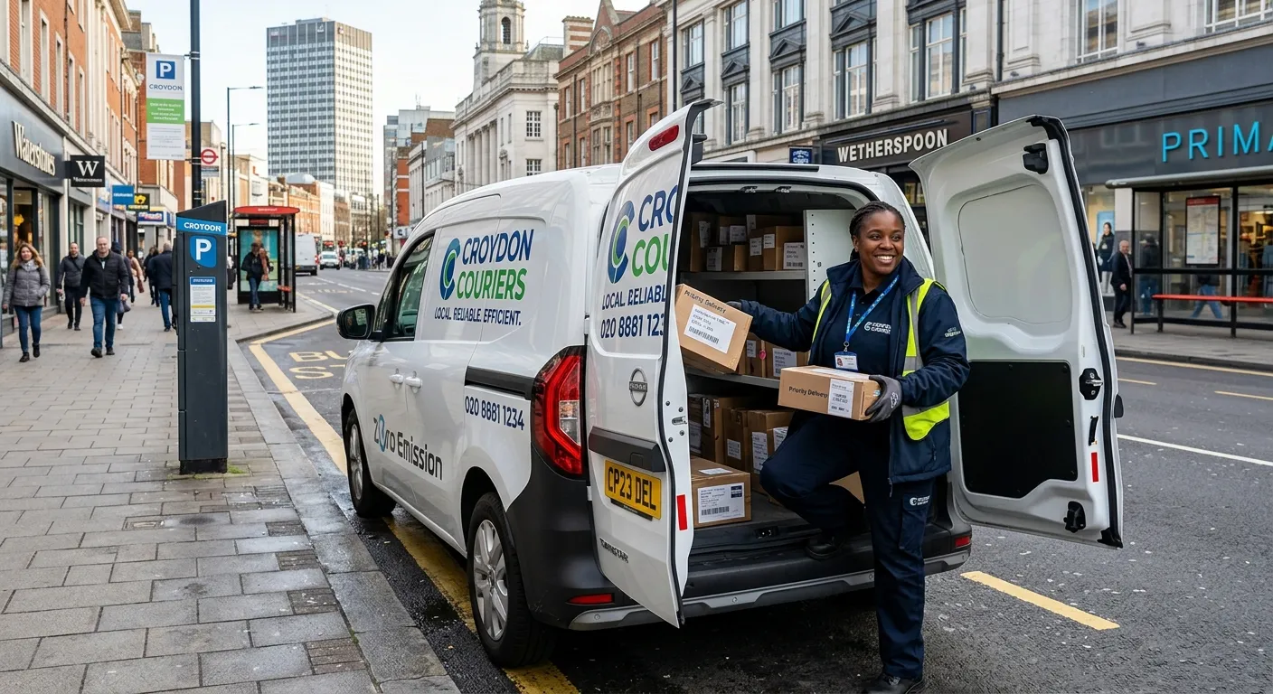 Professional, high-resolution photo of a modern delivery van parked on a street in Croydon town centre, with a friendly, professional driver in uniform loading packages. The image should convey reliability, efficiency, and local familiarity.