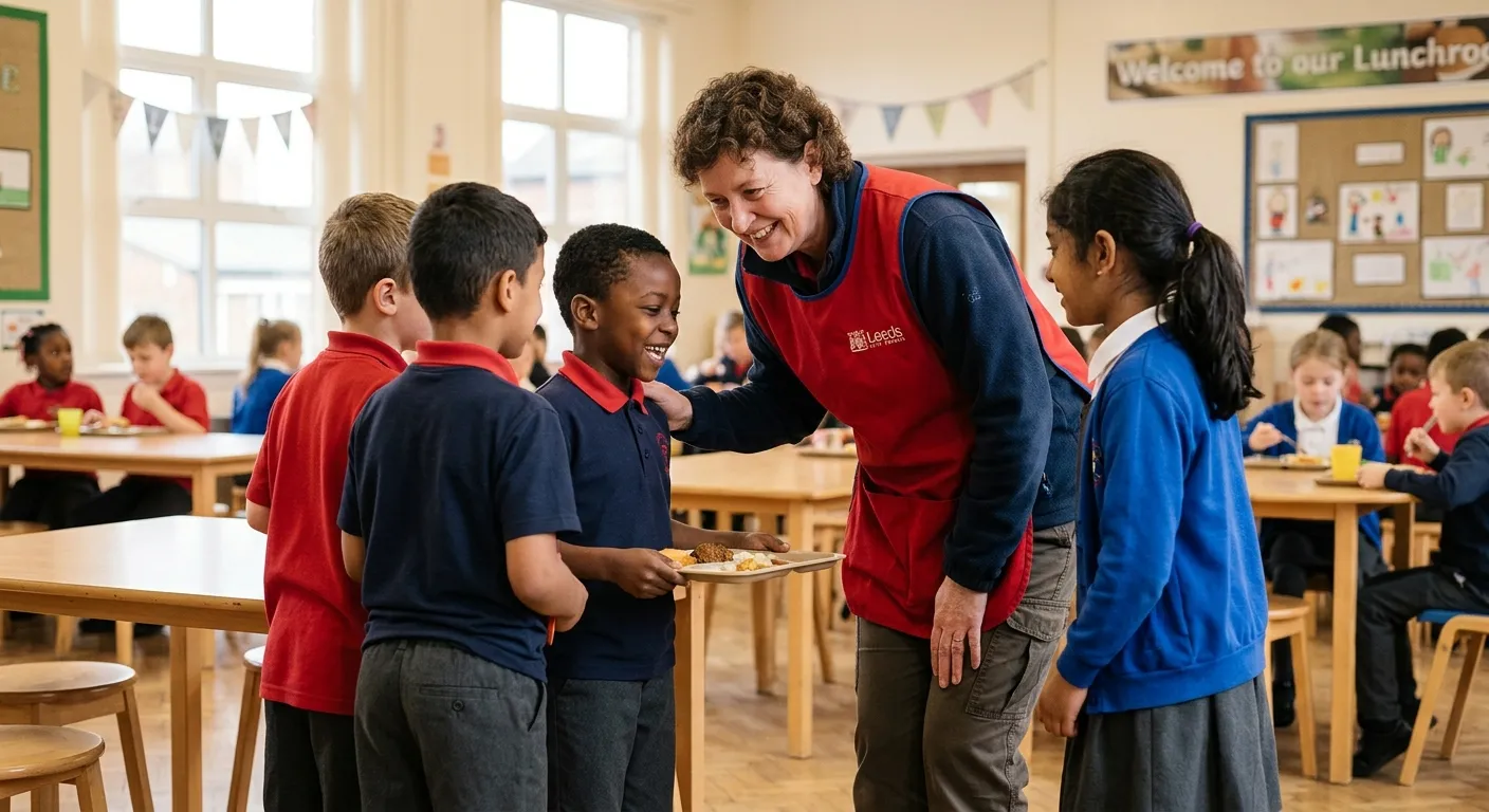 A professional, welcoming image of a lunchtime supervisor in a bright school hall in Leeds, smiling and interacting with a small group of children. The style should be warm, authentic, and convey a sense of community and responsibility.