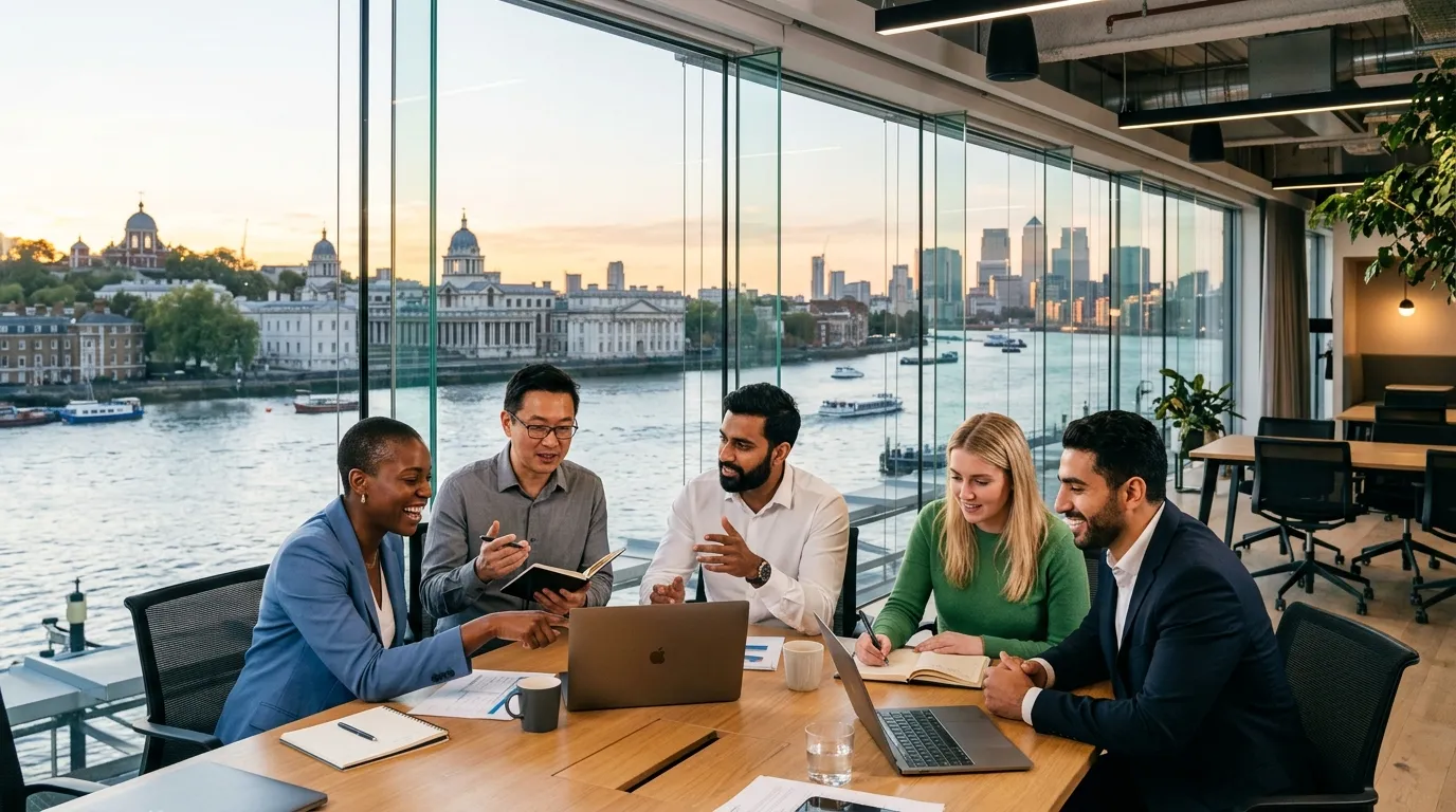 A dynamic, professional hero image showing a diverse team of professionals collaborating in a modern... A dynamic, professional hero image showing a diverse team of professionals collaborating in a modern Greenwich office overlooking the Thames. Style: Clean, bright, and aspirational with a focus on teamwork and the iconic Greenwich skyline in the background.