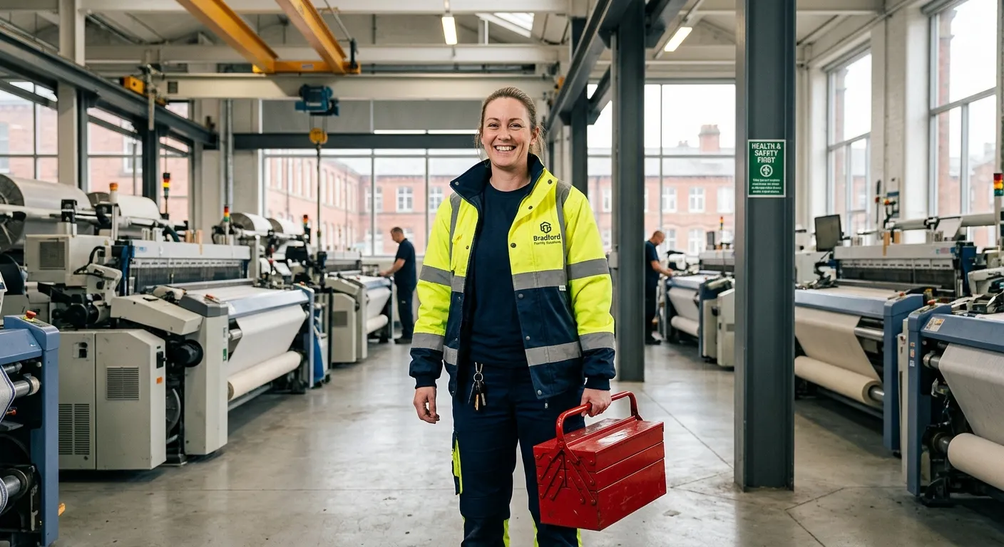 A professional, confident Maintenance Operative in high-visibility clothing, smiling and holding a toolkit, standing in a well-maintained industrial facility in Bradford. Style: Authentic, professional, local. Mood: Trustworthy, ready-to-work.