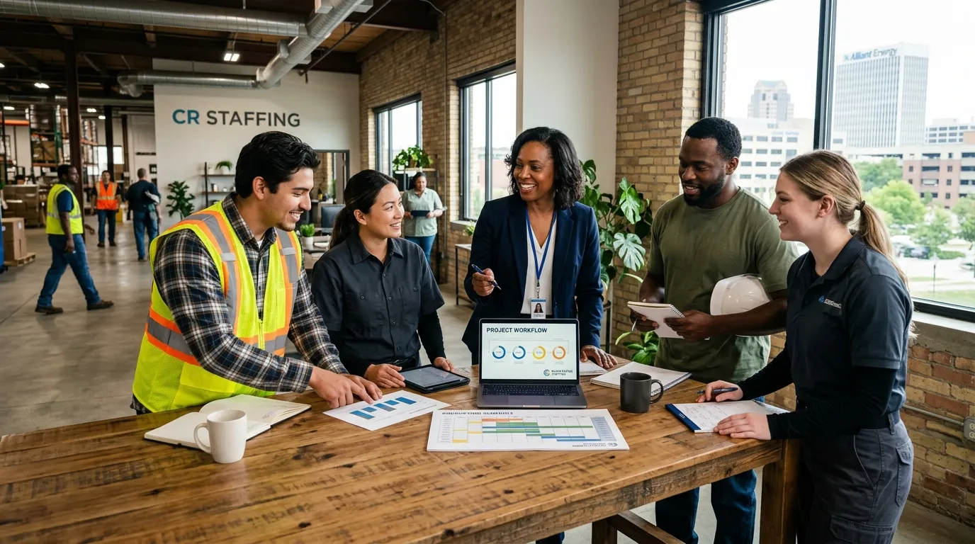 A dynamic, professional hero image showing a diverse group of temporary workers and a hiring manager... A dynamic, professional hero image showing a diverse group of temporary workers and a hiring manager collaborating in a modern Cedar Rapids office or industrial setting. The mood is energetic, productive, and solution-oriented.