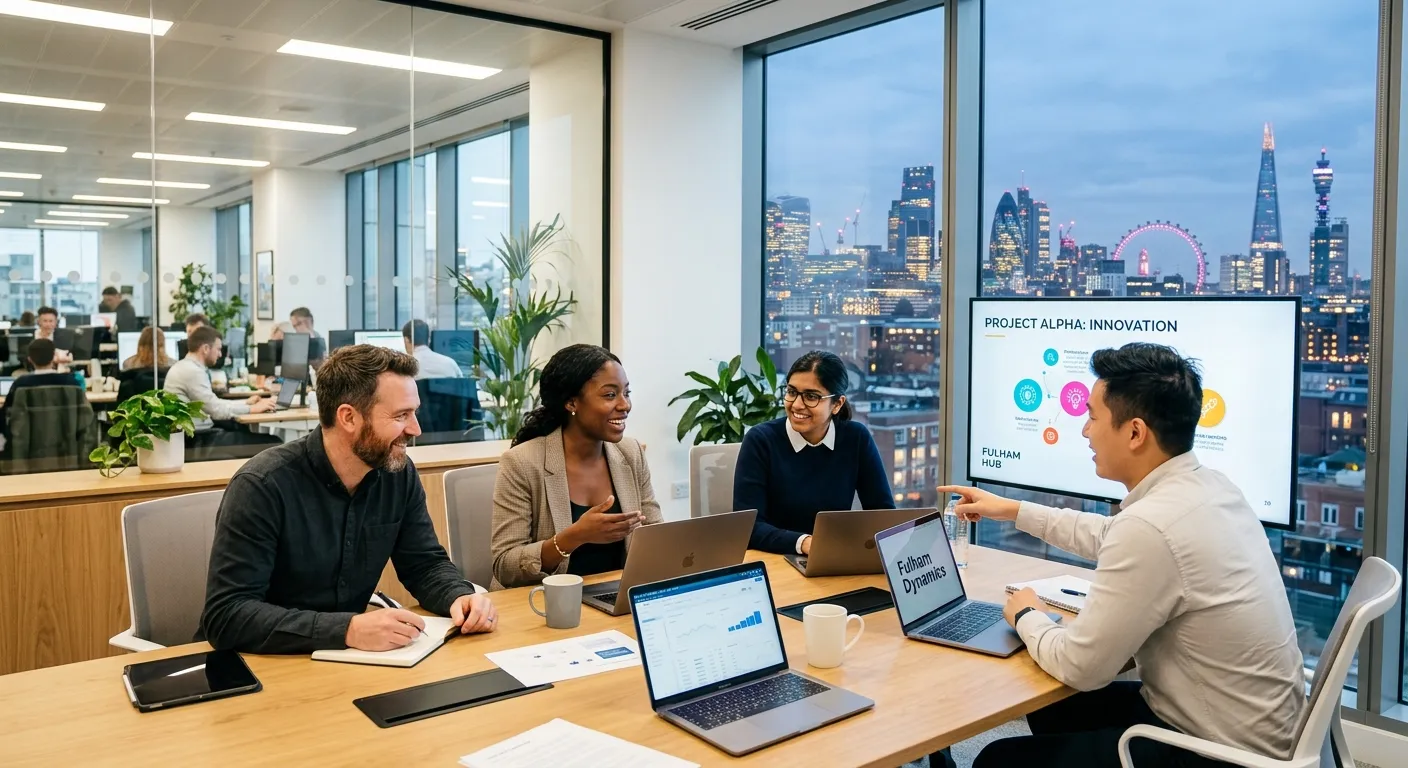Professional photo of a diverse team collaborating in a modern Fulham office, with the London skylin... Professional photo of a diverse team collaborating in a modern Fulham office, with the London skyline visible through a window. Style: Bright, crisp, professional. Mood: Collaborative, successful, dynamic.