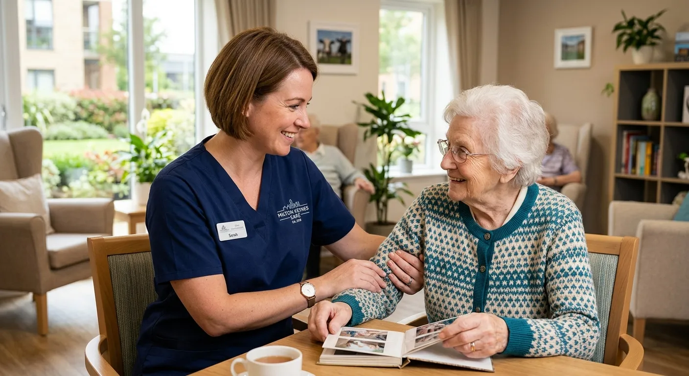 A professional, warm, and trustworthy photo of a friendly Care Assistant in a modern residential care setting in Milton Keynes, assisting a senior resident with a gentle smile. The image should convey compassion, professionalism, and a clean, safe environment.