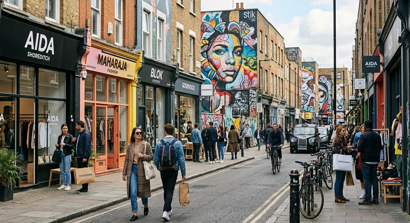 A vibrant, bustling street scene in Shoreditch, London, focusing on a mix of modern retail stores and independent boutiques. Stylish shoppers are browsing, with iconic street art visible in the background.