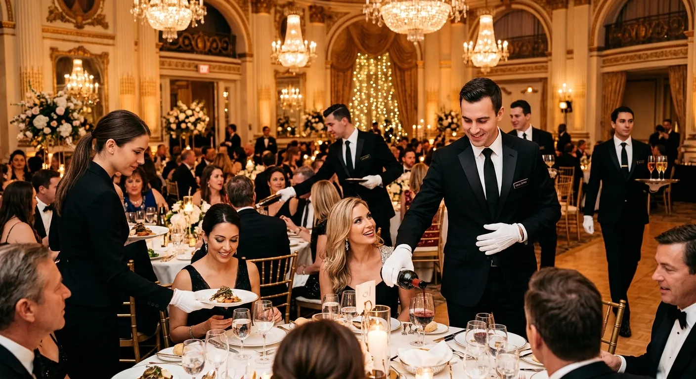 A professional, high-contrast photo of impeccably dressed gala dinner staff in a grand ballroom. Sta... A professional, high-contrast photo of impeccably dressed gala dinner staff in a grand ballroom. Staff are shown attentively serving guests, pouring wine, and coordinating seamlessly. The image has a sophisticated, elegant mood with warm lighting.