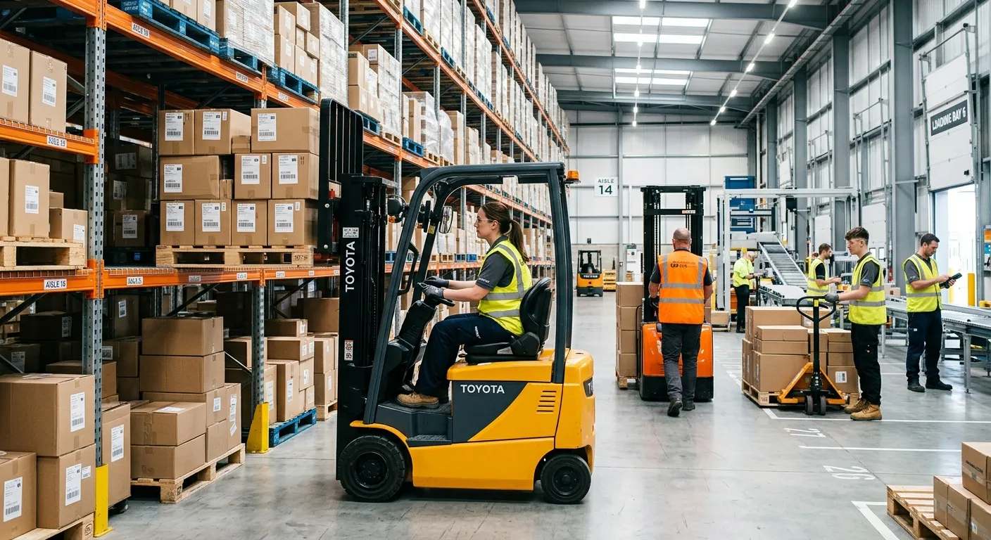 A professional photo of a team of forklift operators in high-vis vests efficiently managing pallets... A professional photo of a team of forklift operators in high-vis vests efficiently managing pallets in a modern, clean e-commerce warehouse during a busy period