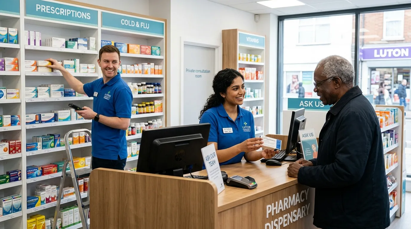 Professional hero image featuring a friendly, diverse pharmacy team in a modern, well-lit pharmacy i... Professional hero image featuring a friendly, diverse pharmacy team in a modern, well-lit pharmacy in Luton. A Pharmacy Technician is assisting a customer while an Assistant manages stock. Style: Bright, inviting, authentic workplace photography. Mood: Professional, efficient, and community-focused.