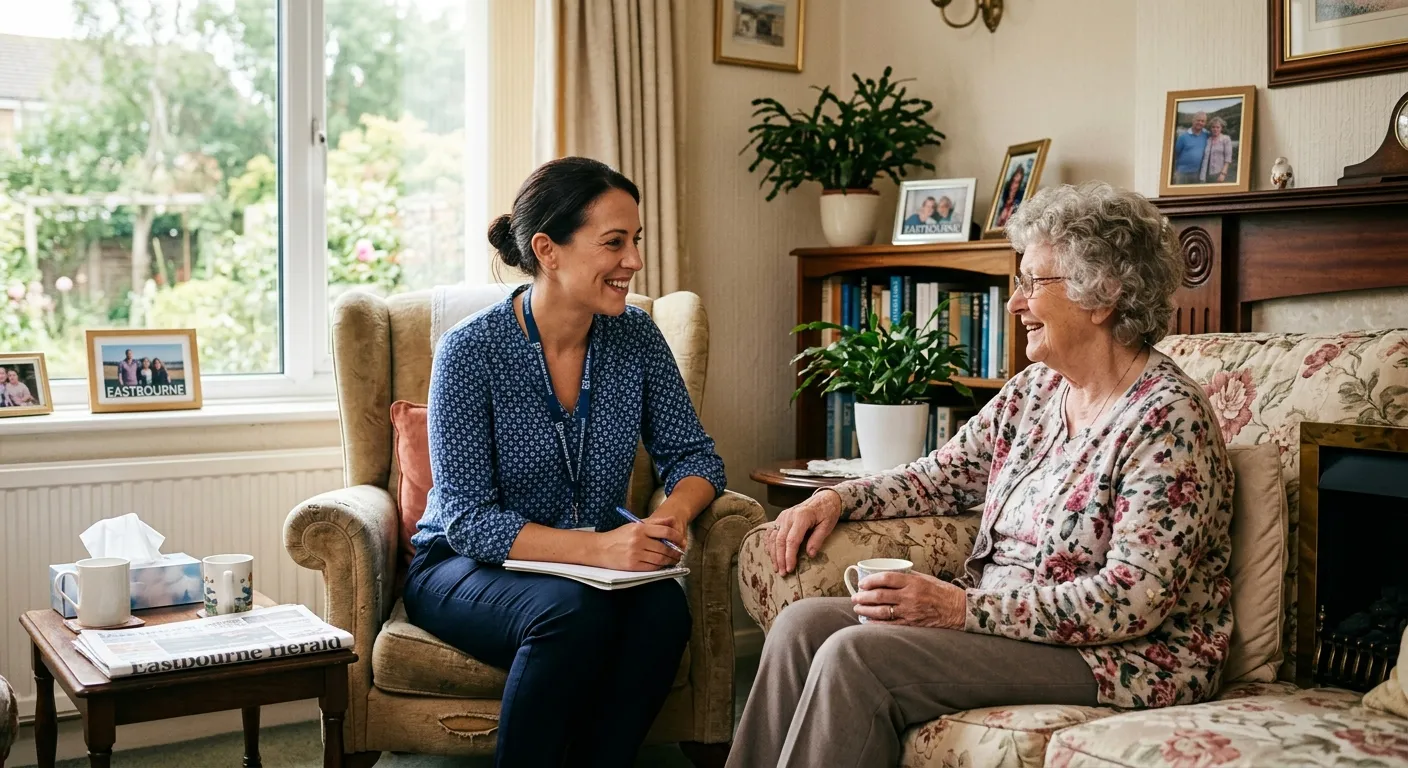 A professional, confident social worker smiling while speaking with a senior citizen in a well-lit,... A professional, confident social worker smiling while speaking with a senior citizen in a well-lit, comfortable living room in Eastbourne, conveying trust and compassion.