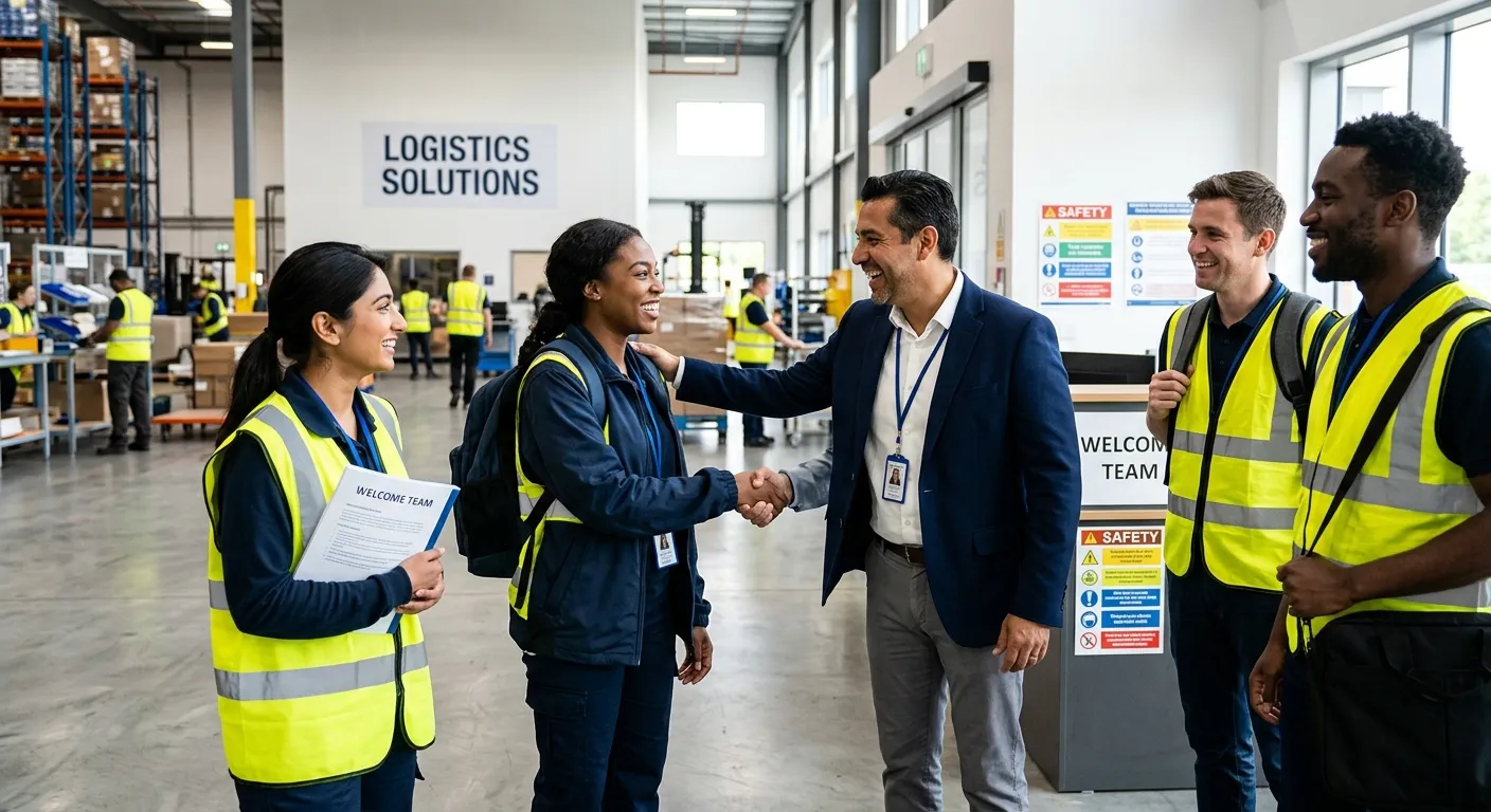 A professional, dynamic image of a diverse team of temporary workers being welcomed into a modern of... A professional, dynamic image of a diverse team of temporary workers being welcomed into a modern office or warehouse environment, smiling and shaking hands with a manager. Style: Bright, energetic, high-contrast. Mood: Urgent, professional, and successful.