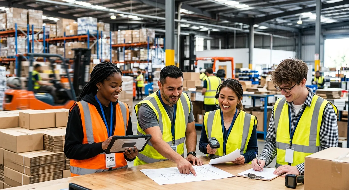 A professional, high-contrast image of a diverse team of temporary workers collaborating in a modern warehouse or office environment. Focus on energetic, productive mood with a slight blur on the background to highlight the people.