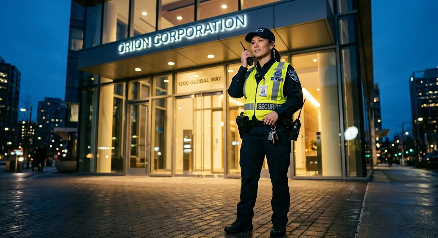 A professional, slightly low-angle shot of a vetted security operative in high-visibility clothing,... A professional, slightly low-angle shot of a vetted security operative in high-visibility clothing, holding a master key fob and communicating via radio at a commercial building entrance at dusk. Style is professional, trustworthy, and secure.