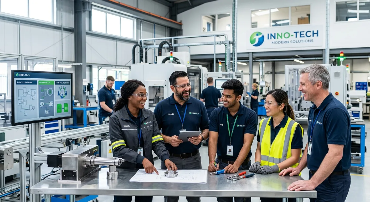 Professional, diverse team of workers in a modern industrial setting, smiling and collaborating. High-contrast, bright image with a focus on teamwork and a clean, efficient environment.