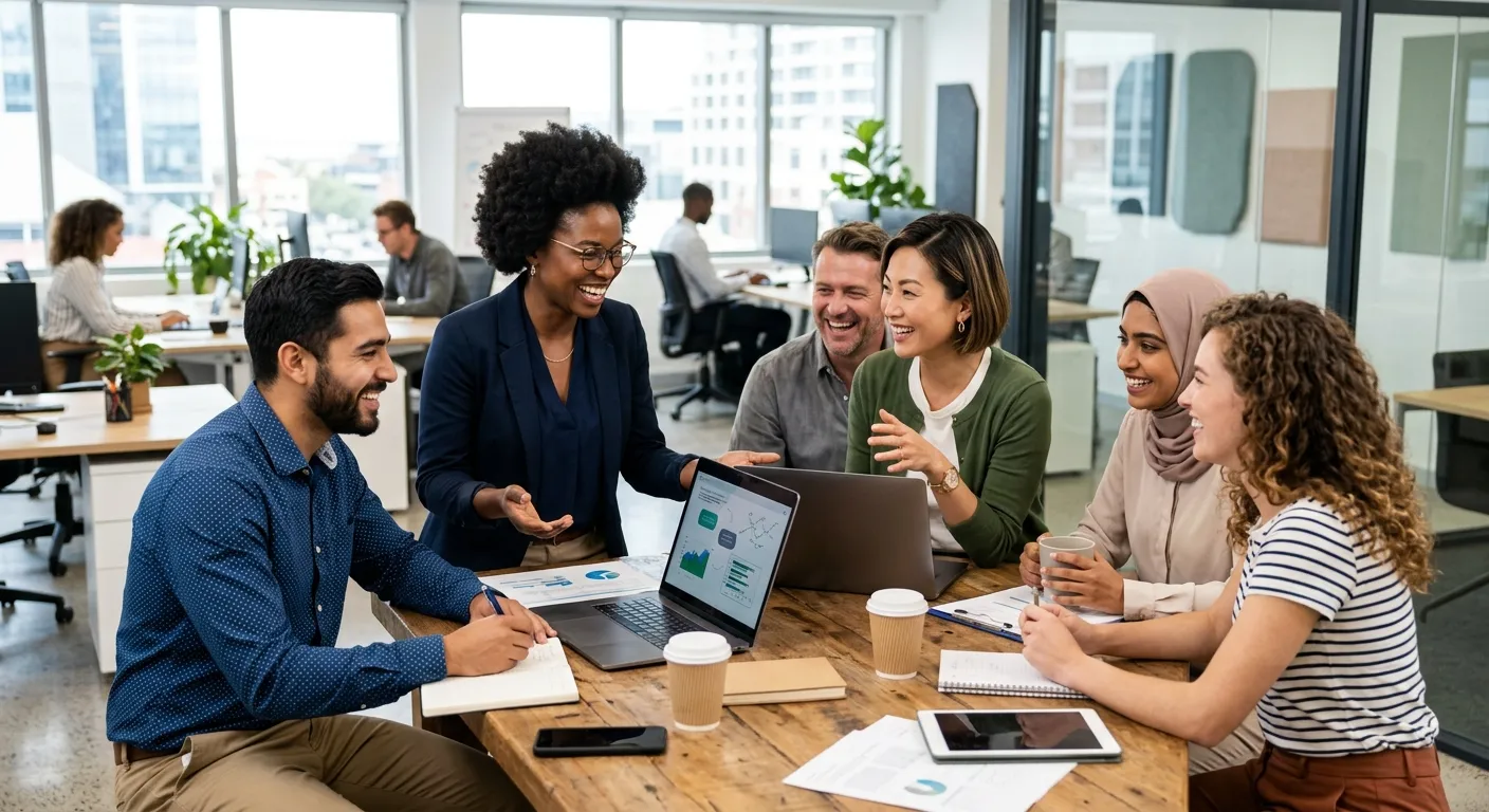 A diverse group of modern, professional temporary workers collaborating in a bright, contemporary of... A diverse group of modern, professional temporary workers collaborating in a bright, contemporary office environment, smiling and engaged. Style: professional stock photography, bright and aspirational mood.